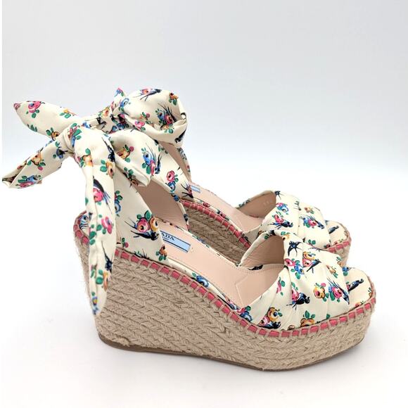 Prada Floral Platform Wedge Espadrille Sandals Self-Tie Accent Size US7.5 EU37.5 - Picture 3 of 13